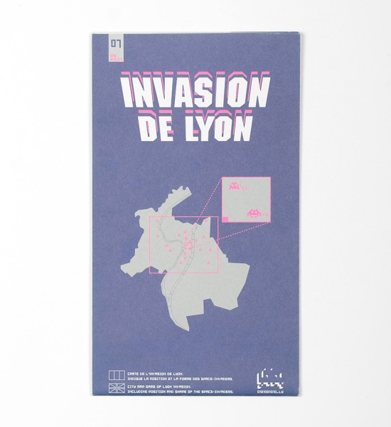 Entitled "Invasion de Lyon", this map by Invader was made in 2001. Format : 18,7 x 16,5 inches (47,5 x 42 cm).