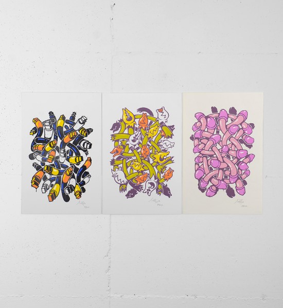 Entitled "Magic tools", "Stay high", "Emancipation" this screen prints by Mist are an edition of 20. Made in 2008, they are signed and numbered by the artist. Format : 19,68 x 12,79 inches (50 x 32,5 cm). The works are sold unframed.