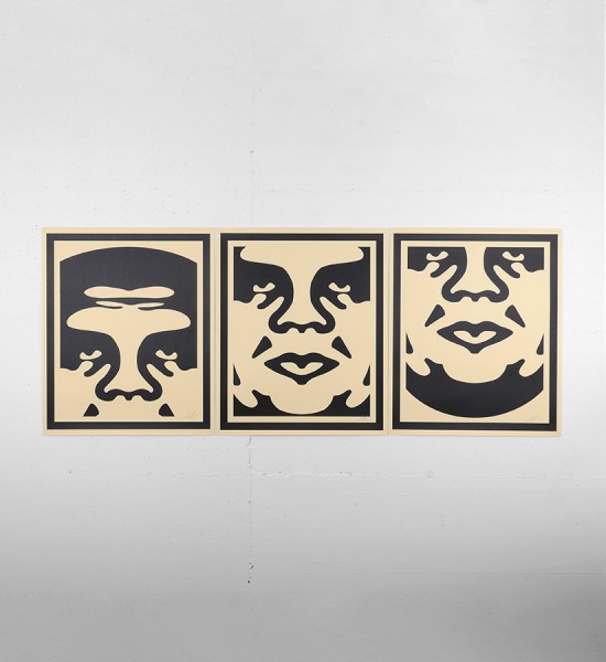 Entitled "Obey 3-face cream" (set), this offset prints by Shepard Fairey (Obey) are an open edition. Made in 2016, it is signed by the artist. Format : 18 x 24 inches (46 x 61 cm). The work is sold unframed.