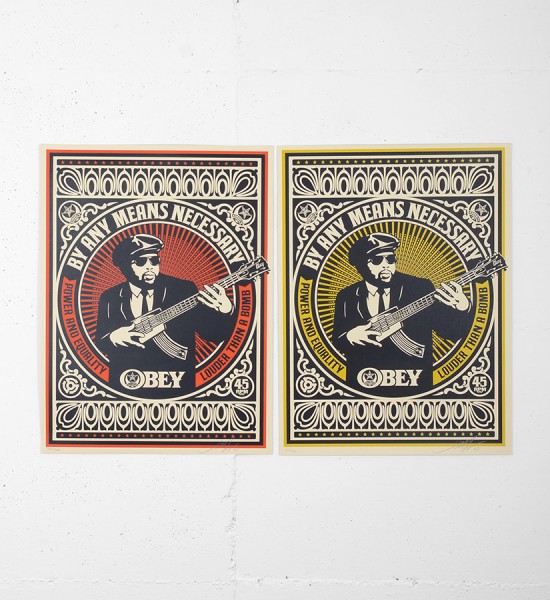 Entitled "By any means necessary" (set), this screen prints by Shepard Fairey (Obey) are an edition of 300. Made in may 2007, they are signed and numbered by the artist. Format : 18 x 24 inches (46 x 61 cm). The works are sold unframed.