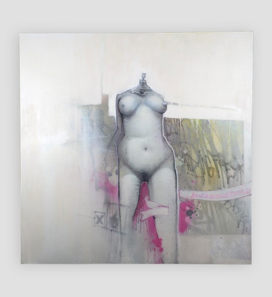 This canvas by Bom.K is unique work of art. Made with spray paint and acrylic in 2006, it is signed by the artist. Format : 78,7 x 78,7 inches (200 x 200 cm).