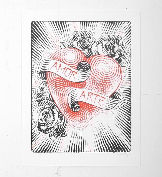 Entitled "Amor y Arte", this screen print by El Mac is an edition of 90. Made in 2017, it is signed and numbered by the artist. Format : 20 x 26 inches (50,8 x 66 cm). The work is sold unframed.